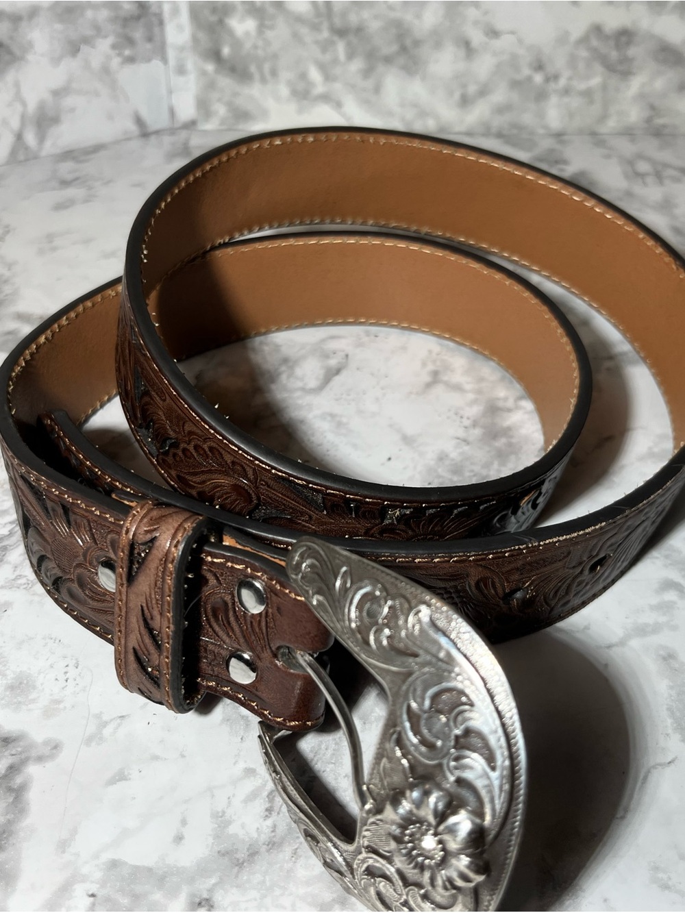 Nocona Brown Tooled Leather Belt with Ornate Silver Buckle - Picture 10 of 12